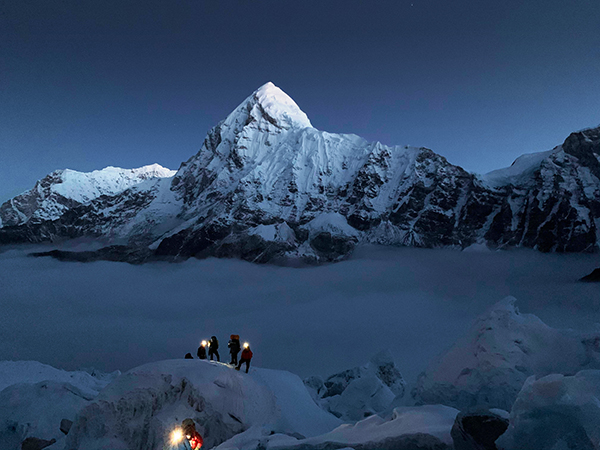 Just before sunrise in the Khumbu Icefall between Base Camp and Camp 1